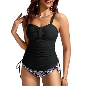 Kate Kasin Tankini Swimsuit S Tummy Control 2PC Ruched Top & Bottom NWT Black